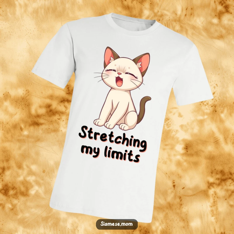 Funny Siamese Cat T-Shirt depicting a cute, slinky Siamese cat stretching and yawning, perfect for cat lovers.