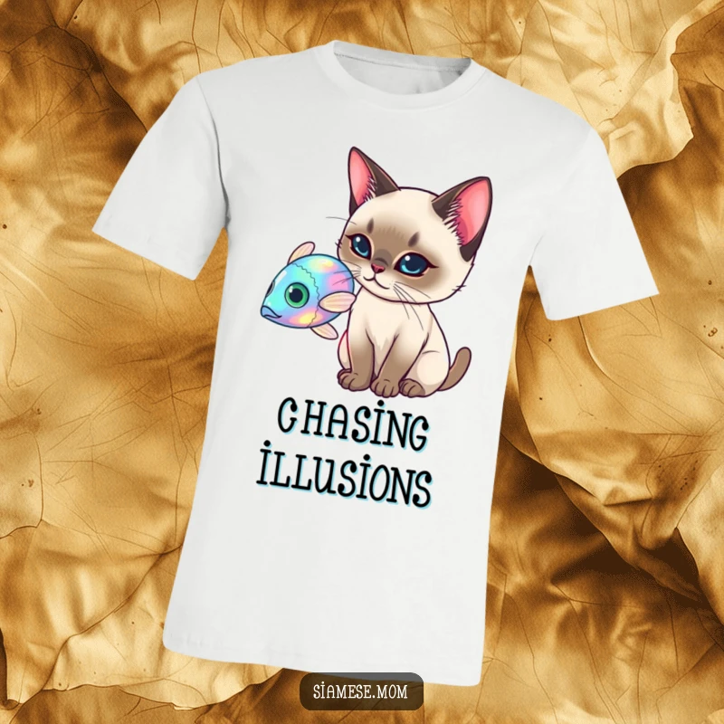Funny Siamese Cat T-Shirt, elegant cat batting at a holographic fish, playful and futuristic funny gift.