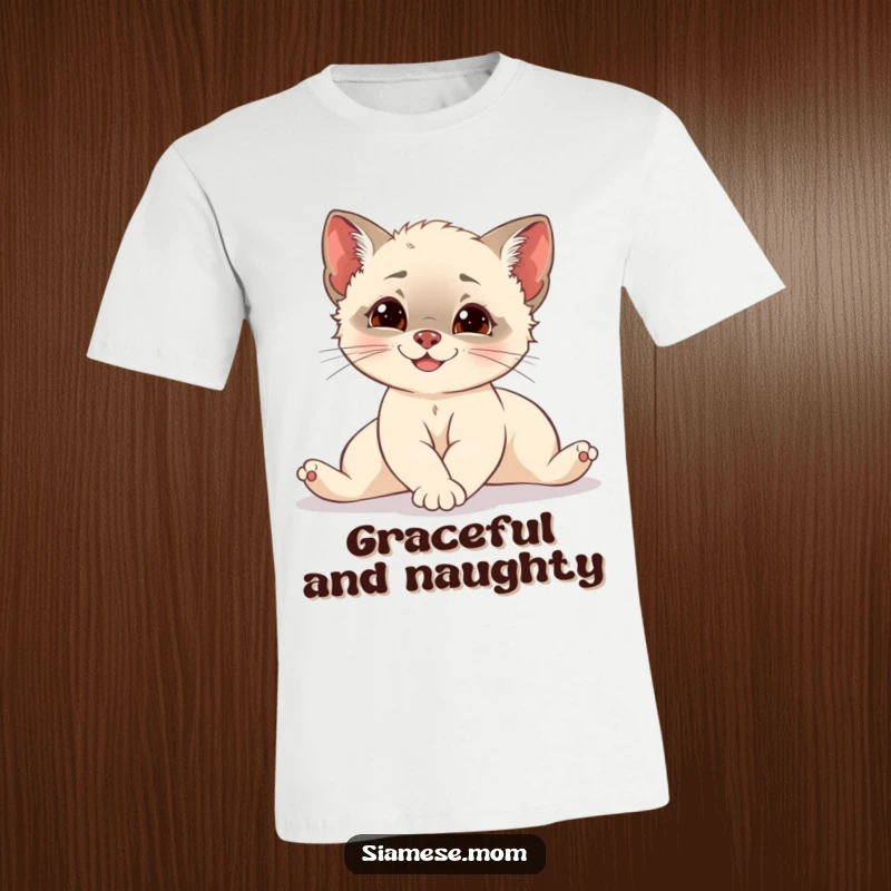 Funny Siamese cub stretching elegantly with a mischievous glint, a graceful cat captured on a comfortable and humorous t-shirt.