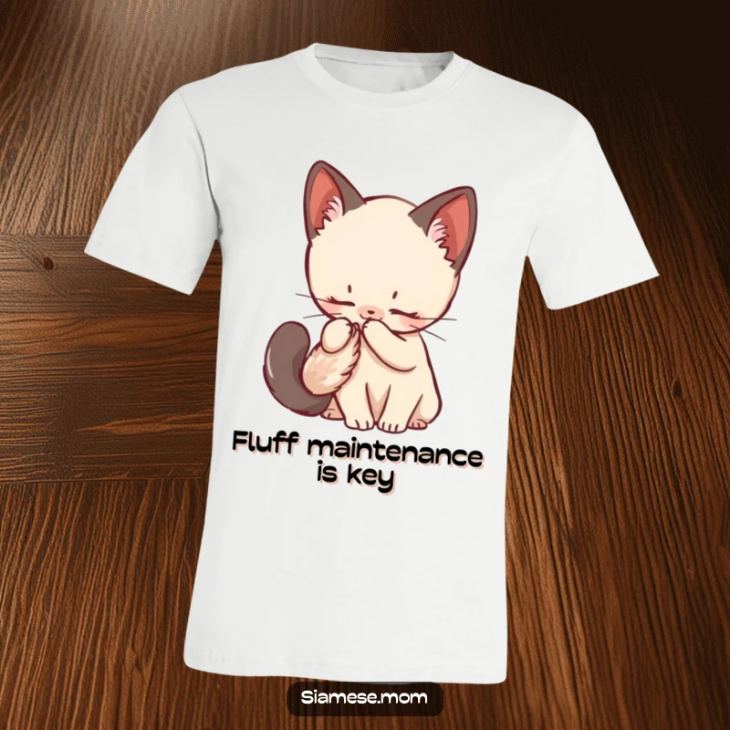Funny Siamese Kitten T-Shirt featuring a kawaii cat meticulously grooming its fluffy tail, exuding cuteness and charm.