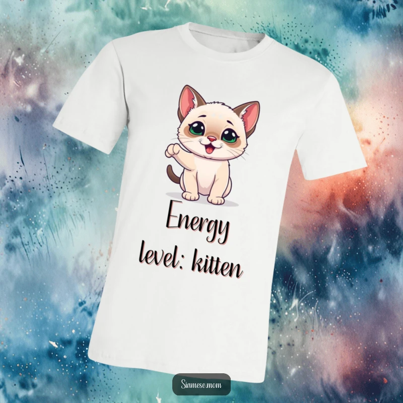 Funny Siamese Kitten T-Shirt featuring a kawaii cat looking playful and energetic, perfect for active and fun-loving individuals.
