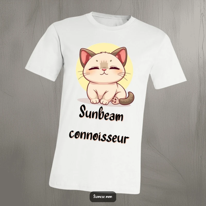 Funny t-shirt graphic of a kawaii Siamese cat looking utterly blissful while soaking up a warm sunbeam.