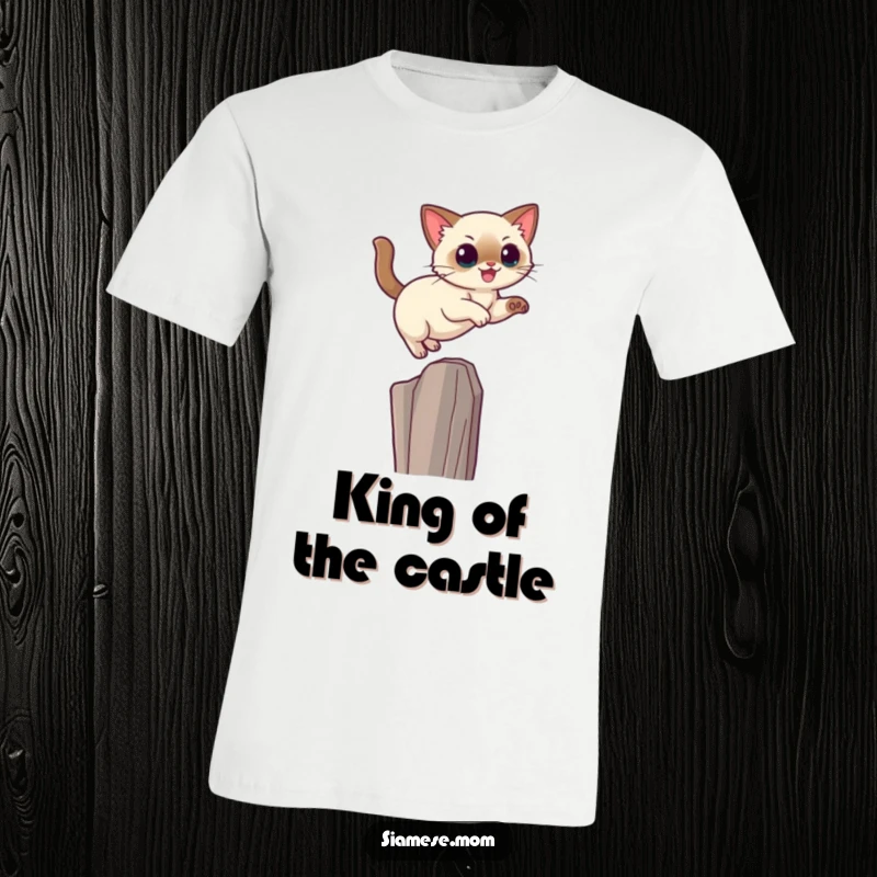 Funny Kawaii Siamese cat t-shirt showing a cute cat mid-leap towards a high perch, emphasizing grace and height.