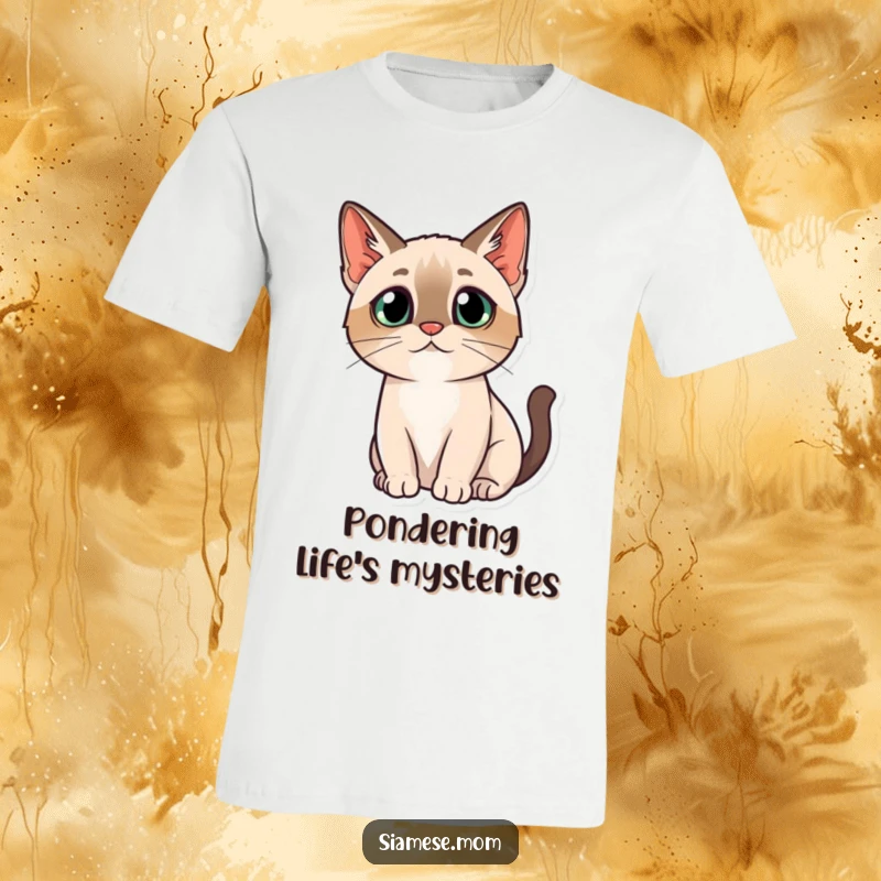 Funny t-shirt graphic of a kawaii Siamese cat with a characteristic head tilt, embodying gentle curiosity.