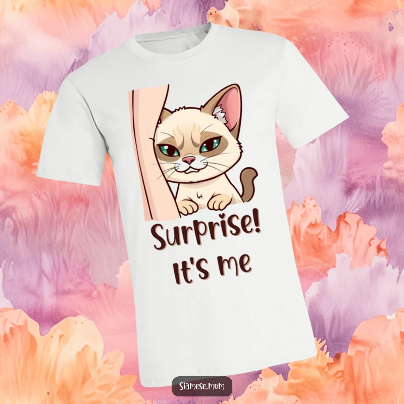 Funny Siamese Cat T-Shirt: A cat peeking from behind a curtain with a knowing, mischievous grin, exuding playful secrets.