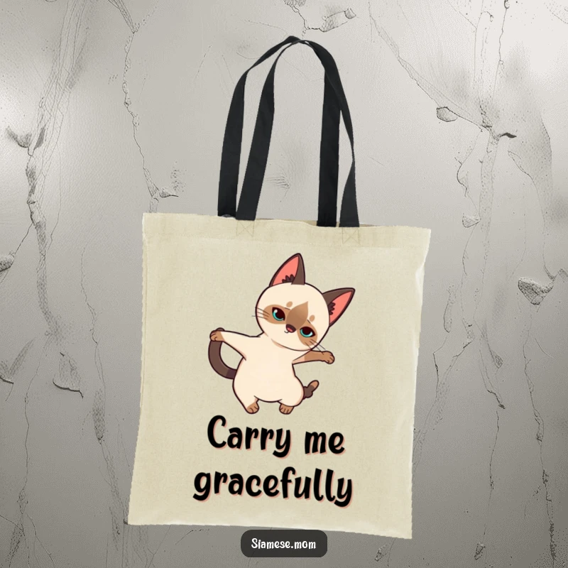 Funny Siamese Cat Tote Bag: Kawaii cat elegantly stretching, perfect for carrying essentials with a touch of class and humor.