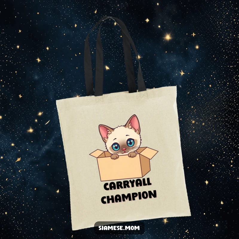 Funny Siamese Cat Tote Bag: Charming kawaii cat with big eyes, exploring a cardboard box, perfect for carrying daily items with humor.