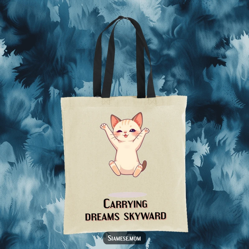 Funny Siamese cat tote bag, featuring a cat in a graceful high jump, perfect for carrying daily necessities.
