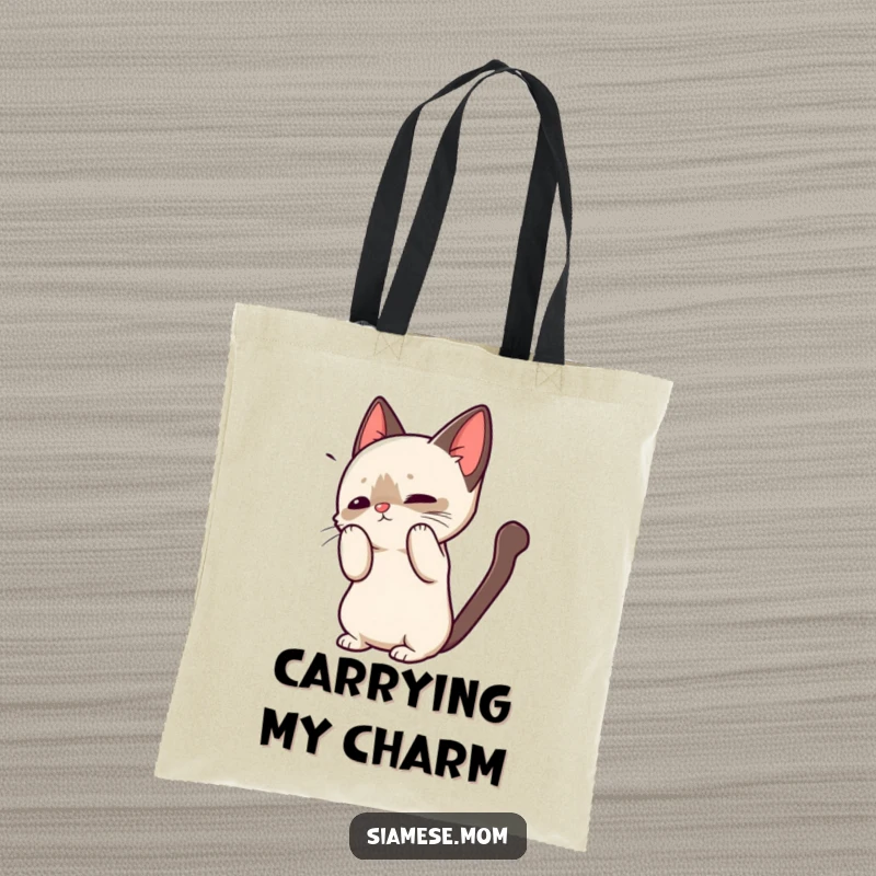 Funny tote bag featuring a kawaii Siamese cat arching its back in a playful greeting, great for carrying essentials with feline flair.