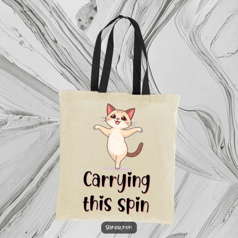 Funny cute Siamese cat character performing a joyful, ballet-like pirouette, printed on a durable tote bag.