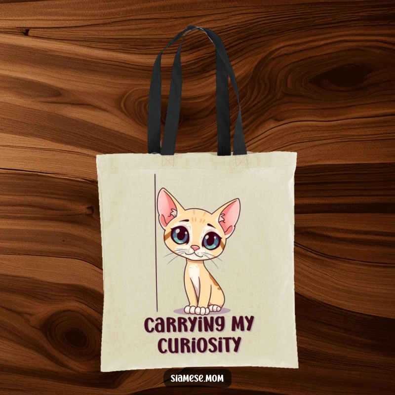 Funny slender cat tote bag, with big curious eyes, peeking around a corner, perfect for carrying cat-themed items, a great funny gift.
