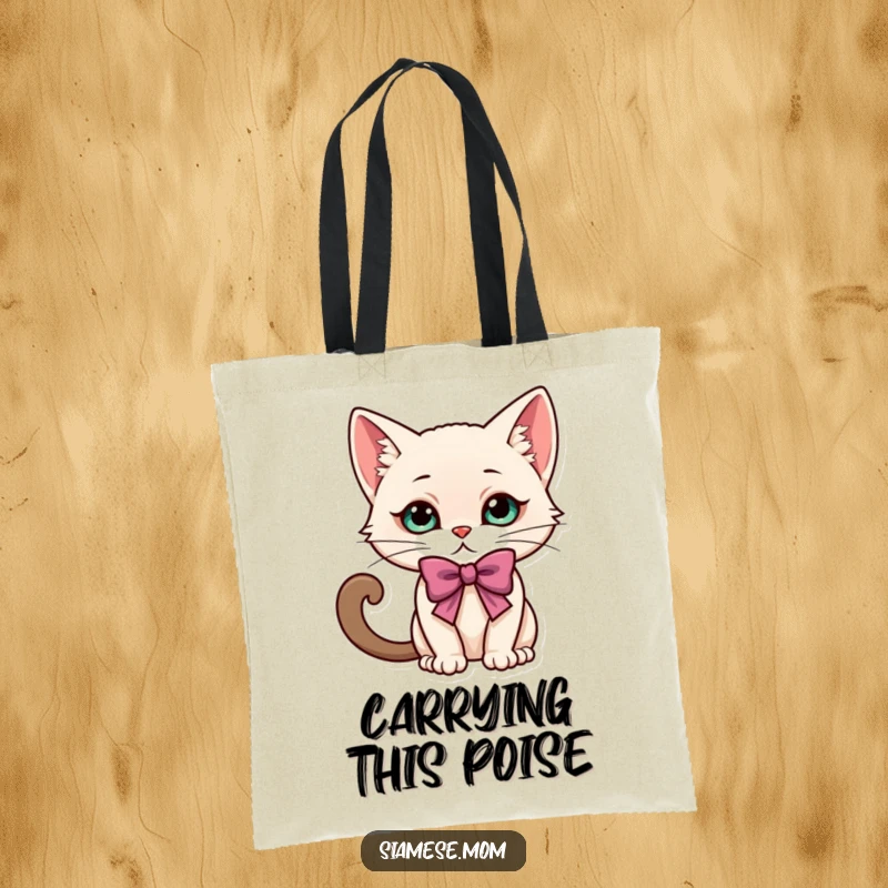 Funny kawaii Siamese cat character doing an elegant, playful bow, printed on a spacious and stylish tote bag.