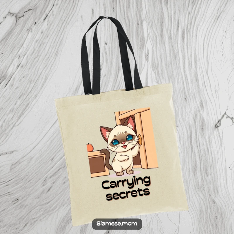 Funny tote bag featuring a Kawaii Siamese cat with a mischievous expression trying to open a cabinet, representing feline curiosity.