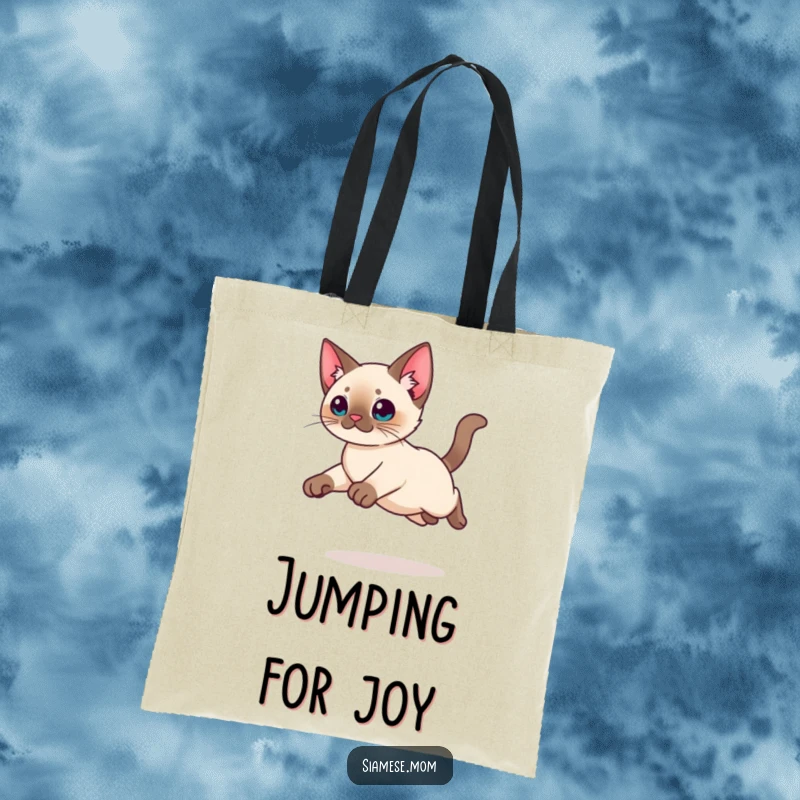 Funny Kawaii Siamese cat tote bag with a graceful leap design, a stylish and humorous accessory for cat lovers.