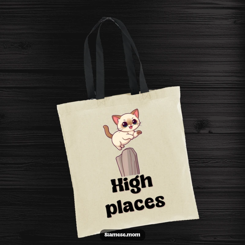 Funny Kawaii Siamese cat tote bag featuring a cat leaping gracefully towards a high perch, ready for a journey.