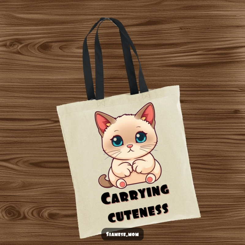 Funny Kawaii Siamese Cat Tote Bag, cat with neatly tucked paws, cute and practical funny gift.