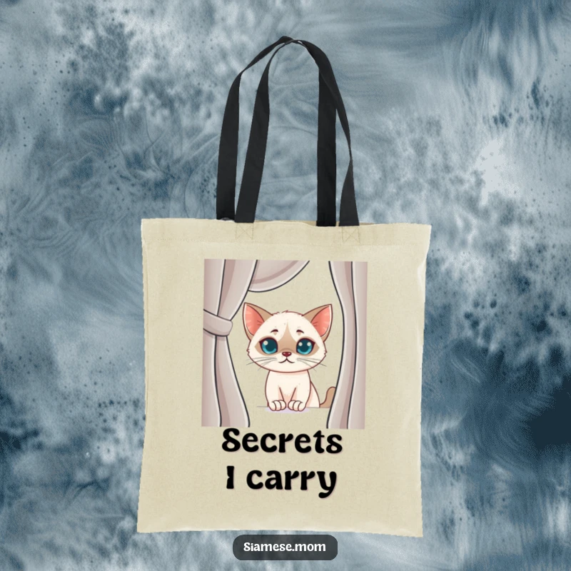 Funny Siamese Cat Tote Bag: Kawaii cat with a mischievous smirk peeking from behind a curtain, perfect for daily use with humor.