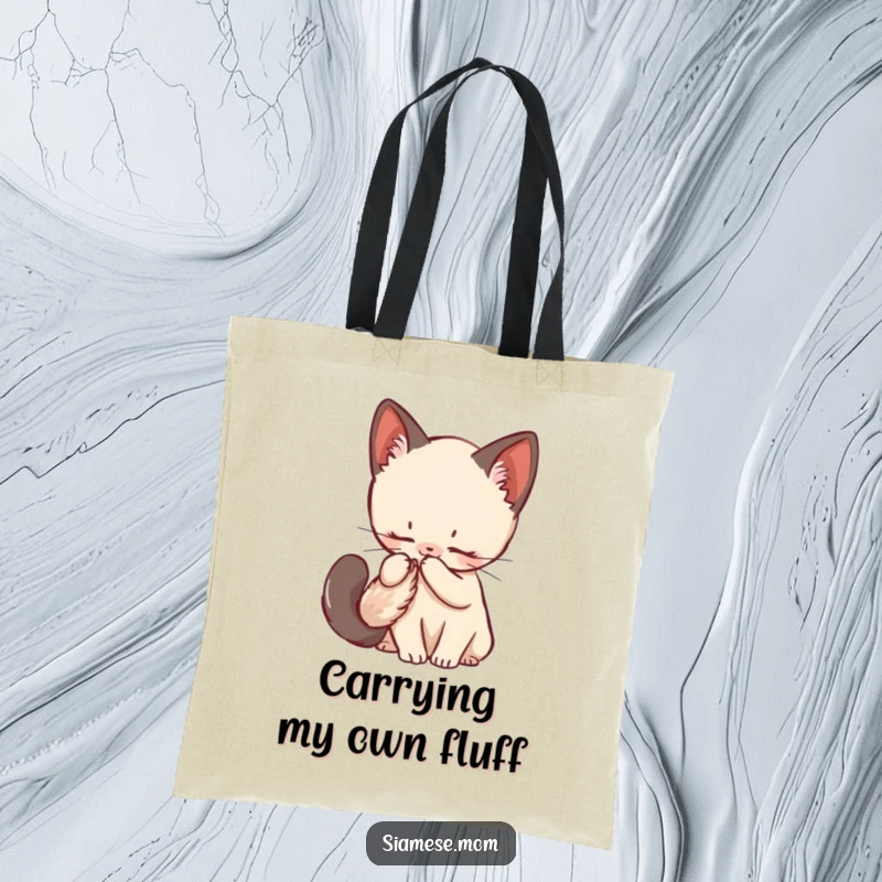 Funny Siamese Kitten Tote Bag showcasing a kawaii cat grooming its fluffy tail, perfect for stylish and cute errands.
