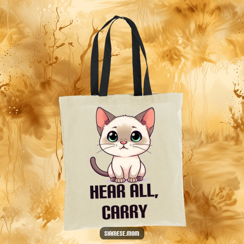 Funny Siamese cat tote bag, with ears perked and focused, perfect for carrying daily necessities with an alert vibe.