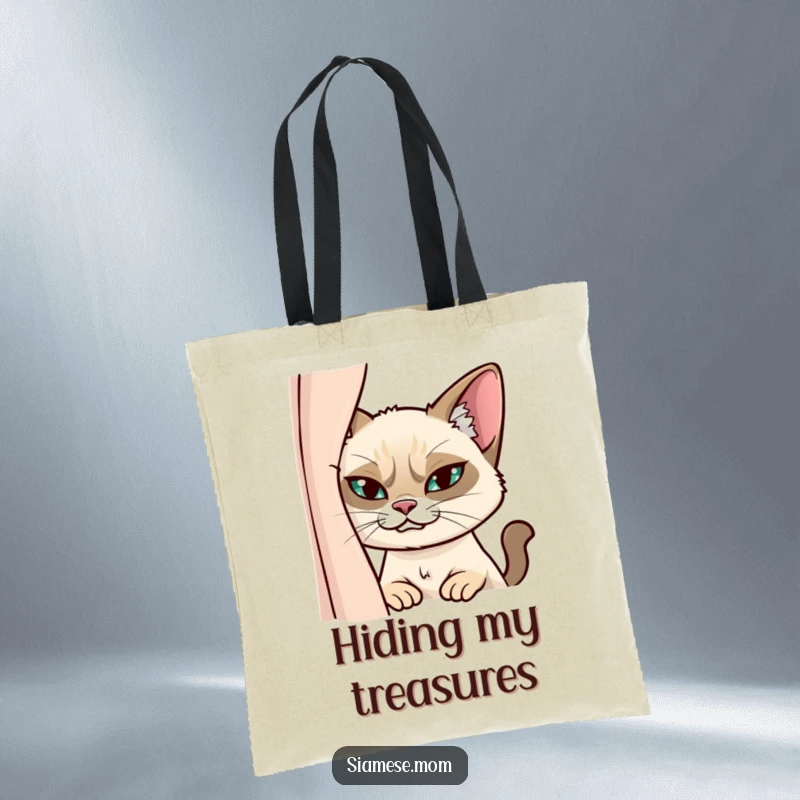Funny Siamese Cat Tote Bag: Charming bag with a mischievous cat peeking from behind a curtain, exuding a sly grin.