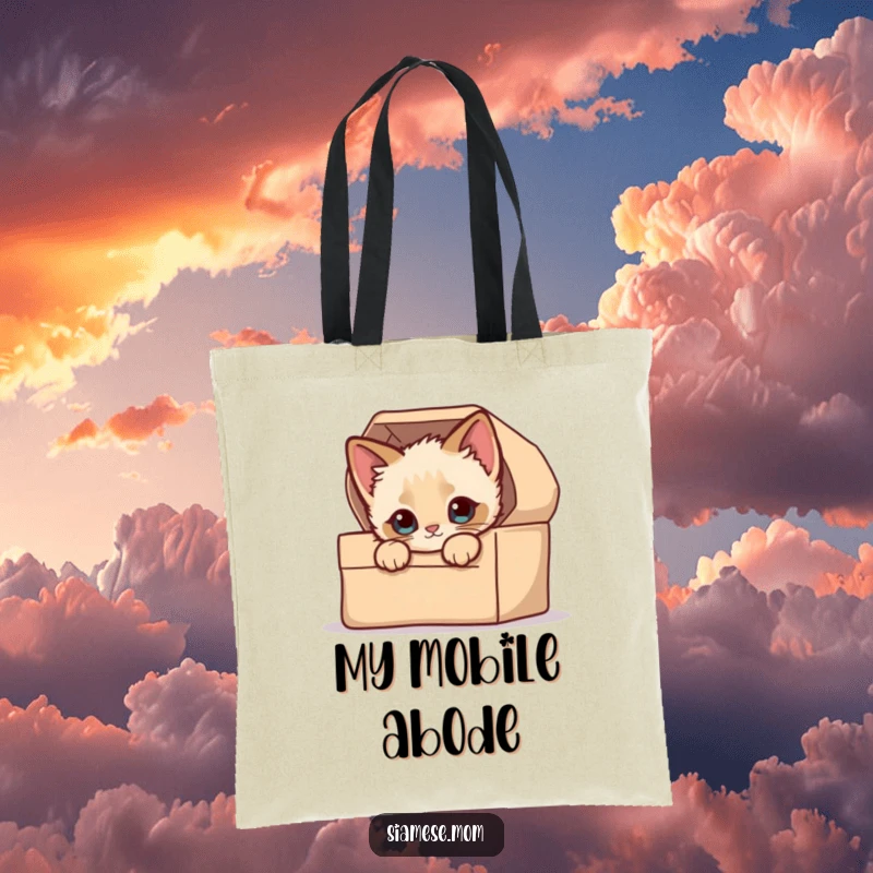 Funny Eco Tote Bag: A cute kawaii Siamese kitten with curious eyes peeking adorably from a small, open box.
